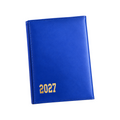 Elite Stationery House 2027 executive diary in royal blue with gold lettering and stitched trim on a desk.
