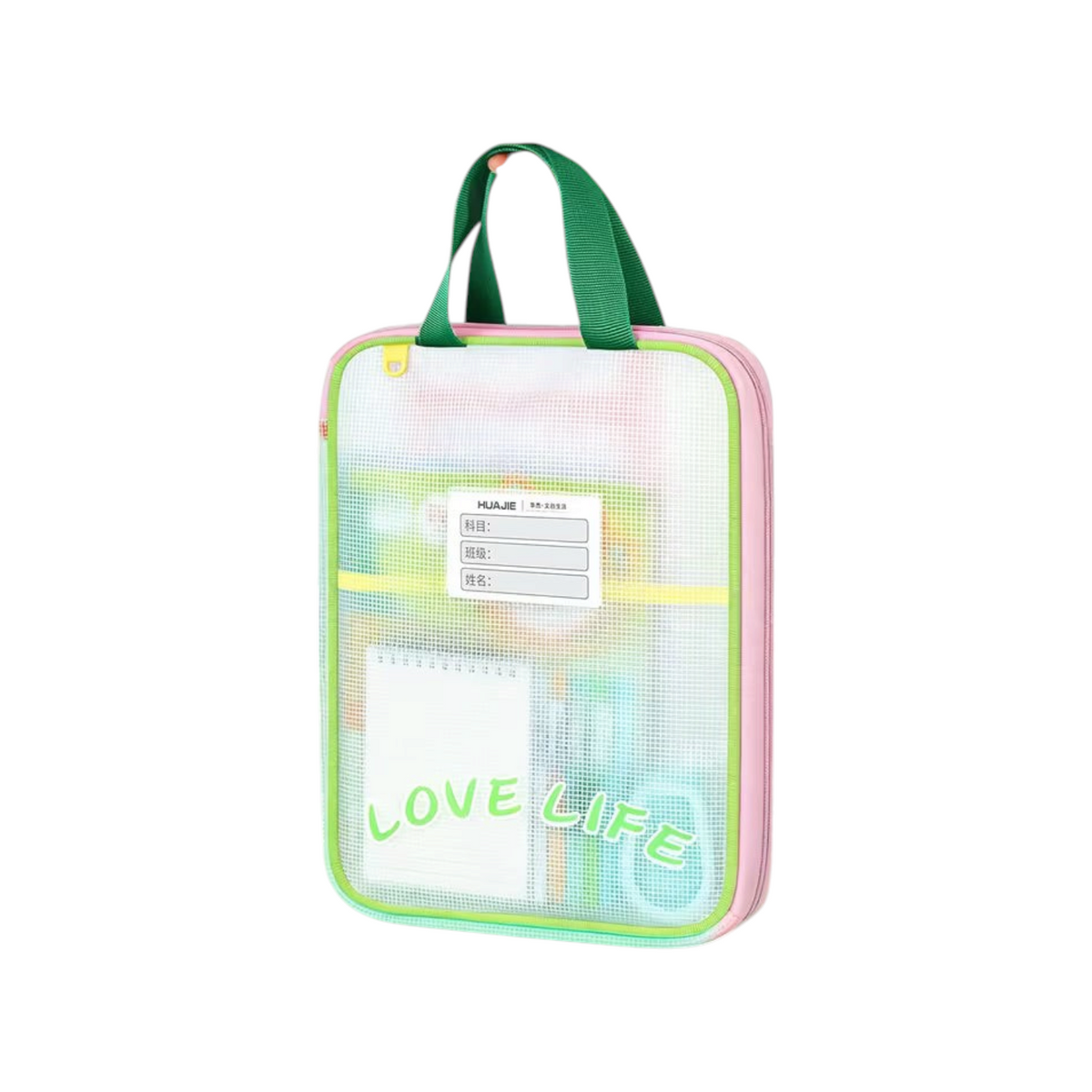 Elite Stationery House portable mesh tutoring bag with pink trim and green handles for organizing school papers