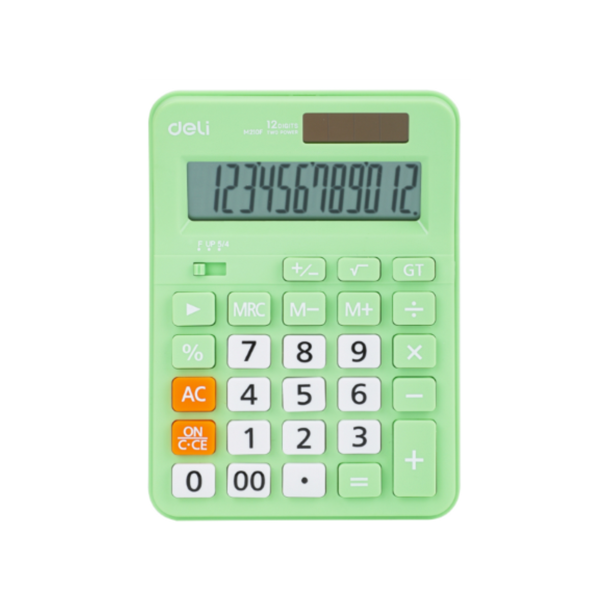 Elite Stationery House Deli-EM210F 12-digit desktop calculator in light green with solar and battery power