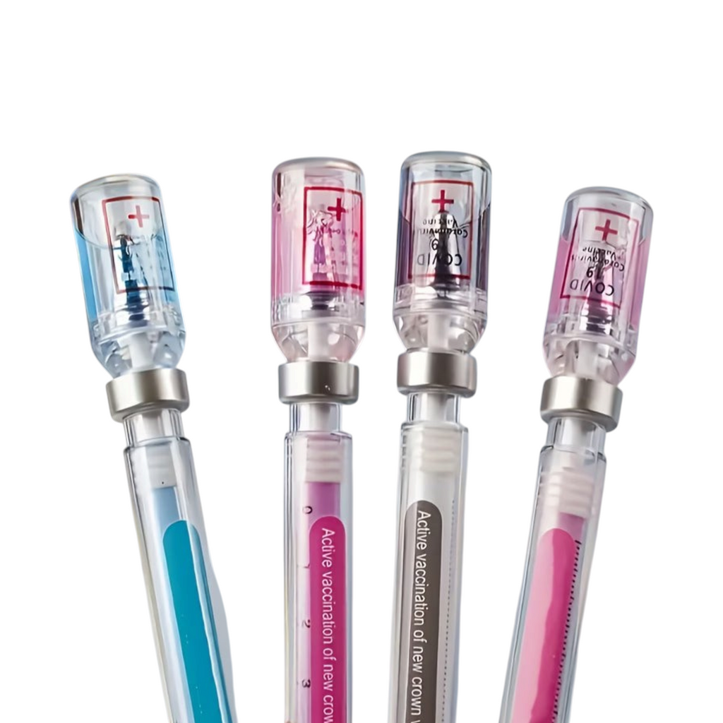 Elite Stationery House medical vaccine themed ballpoint pens with syringe-style caps and colorful ink refills