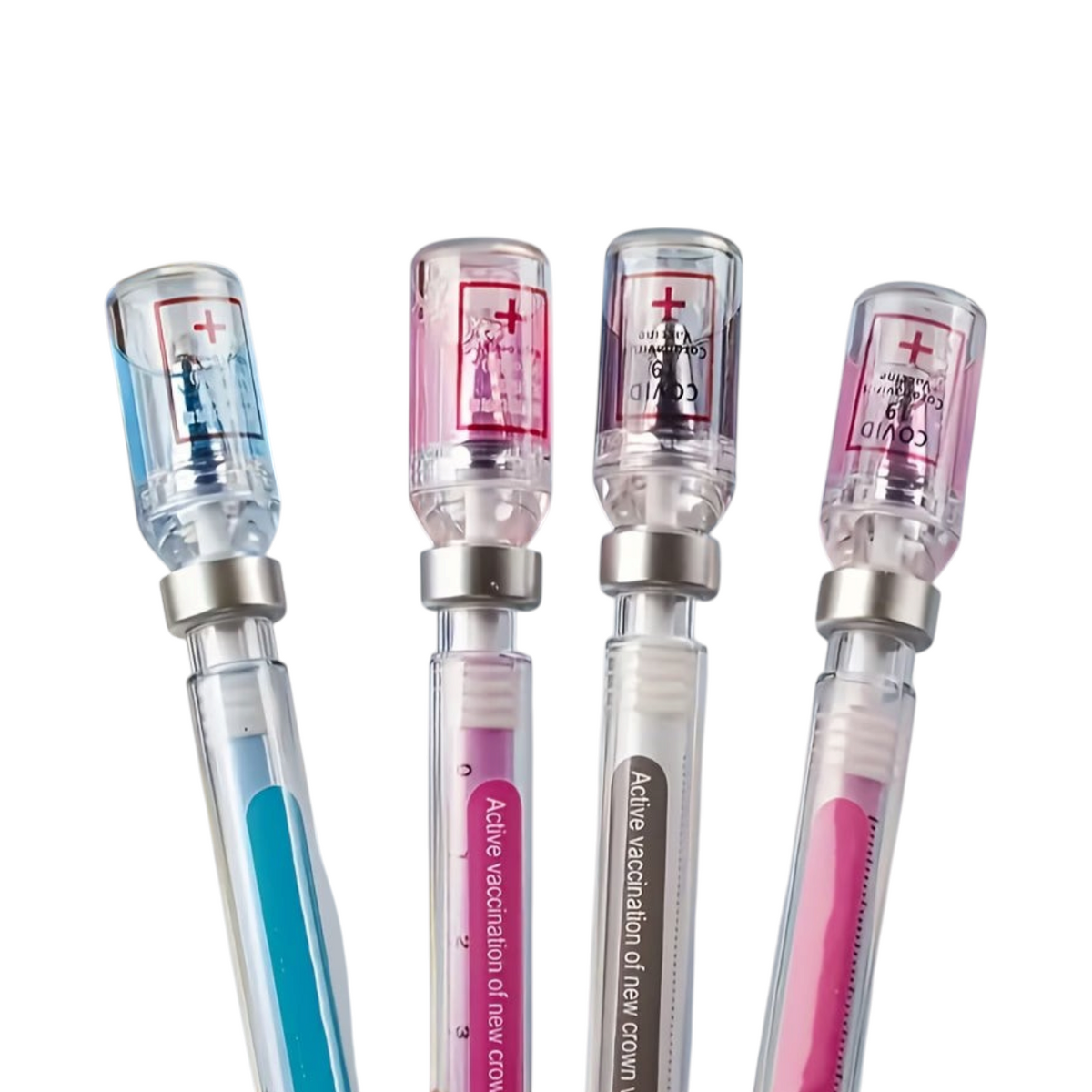 Elite Stationery House medical vaccine themed ballpoint pens with syringe-style caps and colorful ink refills