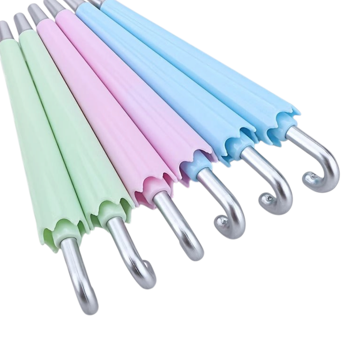 Elite Stationery House retractable ballpoint pens in pastel green, pink, and blue with a cute umbrella-shaped design.