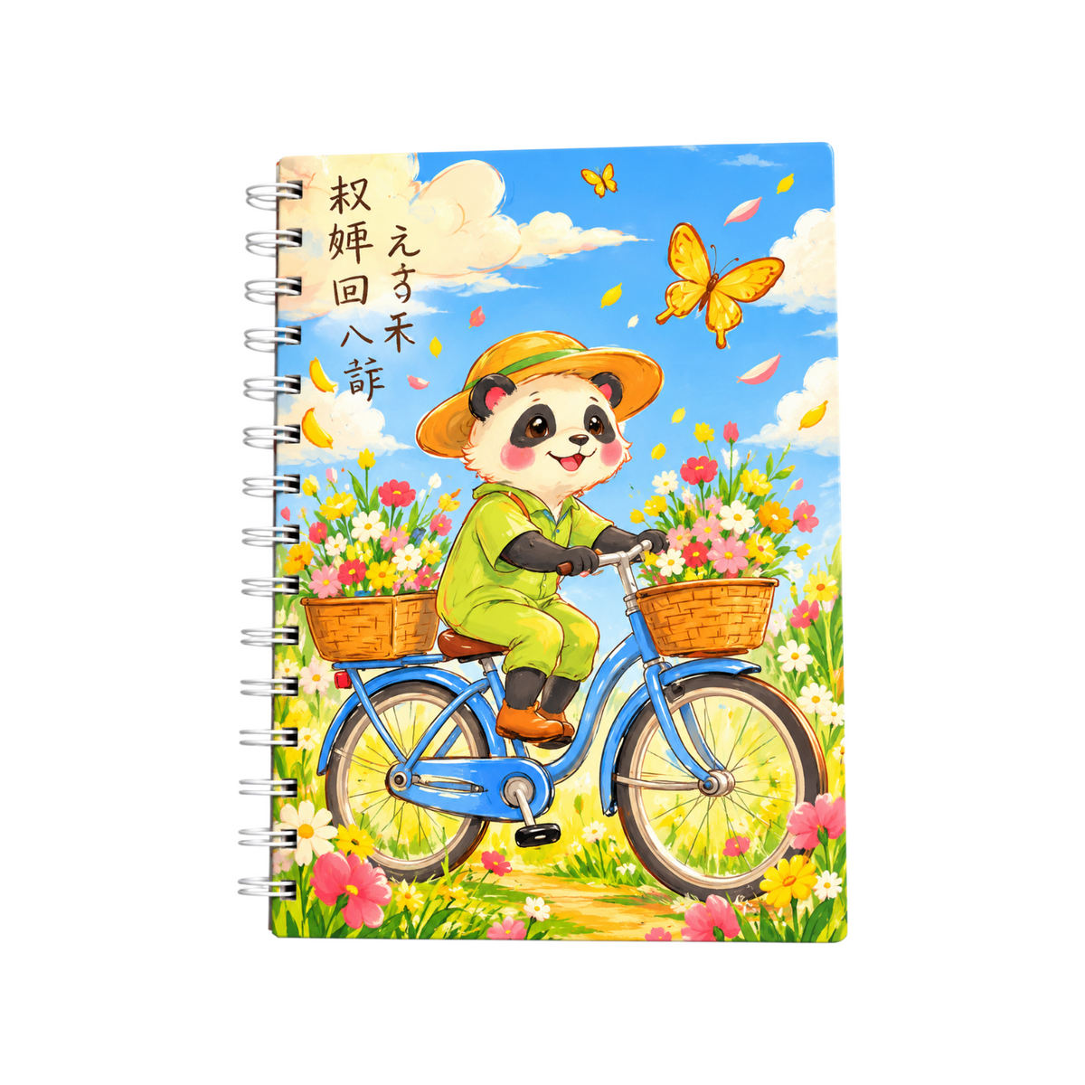 Elite Stationery House A5 spiral notebook featuring a cute panda in a straw hat riding a bicycle through a flower field