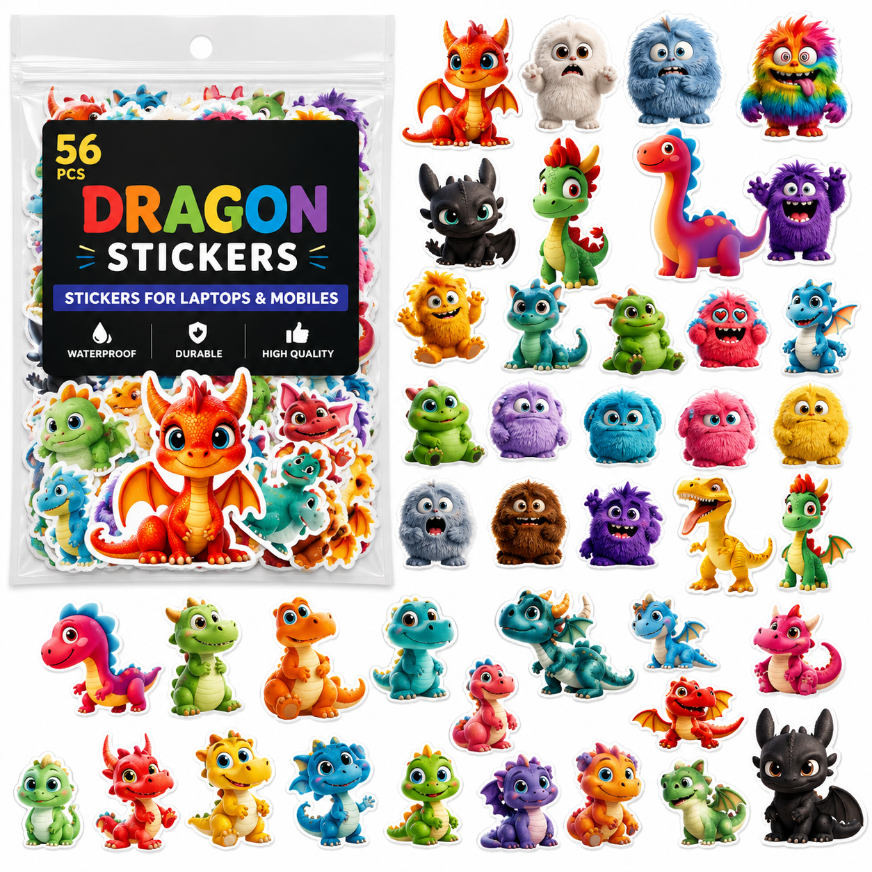 56 Dagon Stickers Animals Stickers - Removable, Non-Repetition Patterns 2
