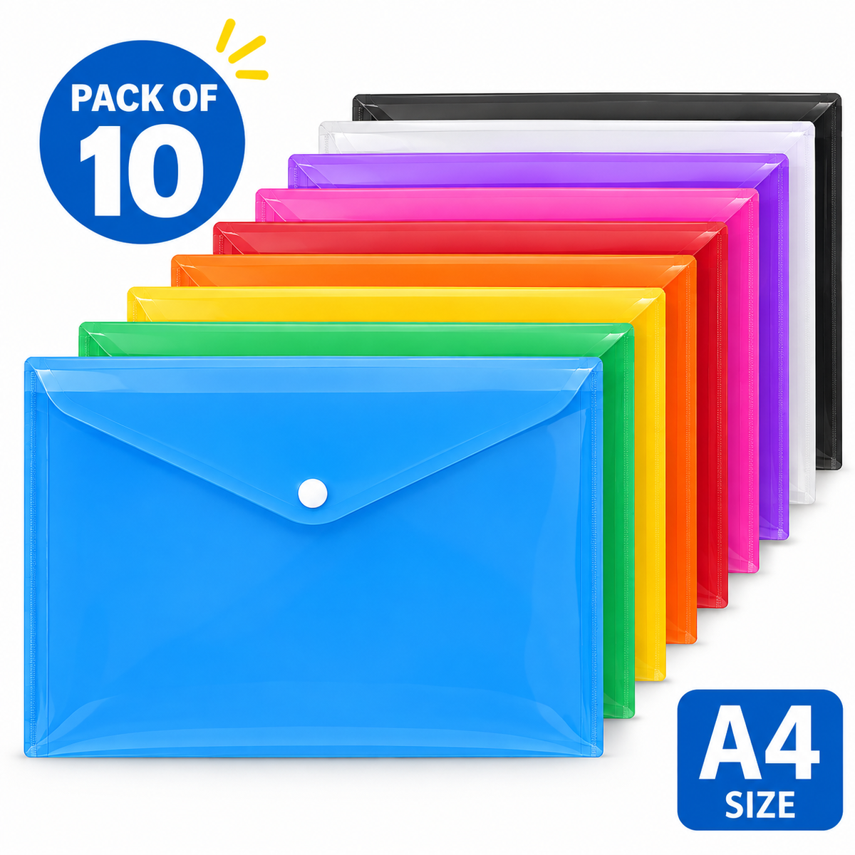 A4 / Foolscap Bright Transparent Popper Wallet/Paper Wallets - Assorted Colors