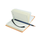 Elite Stationery House A6 pocket-sized hardcover notebook with lined pages, ribbon bookmark, and a pencil on top.
