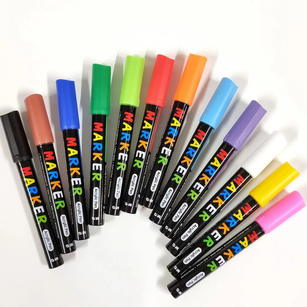 M&G Acrylic Paint Markers, 2mm Round Tip, Set of 12, Basic Colors