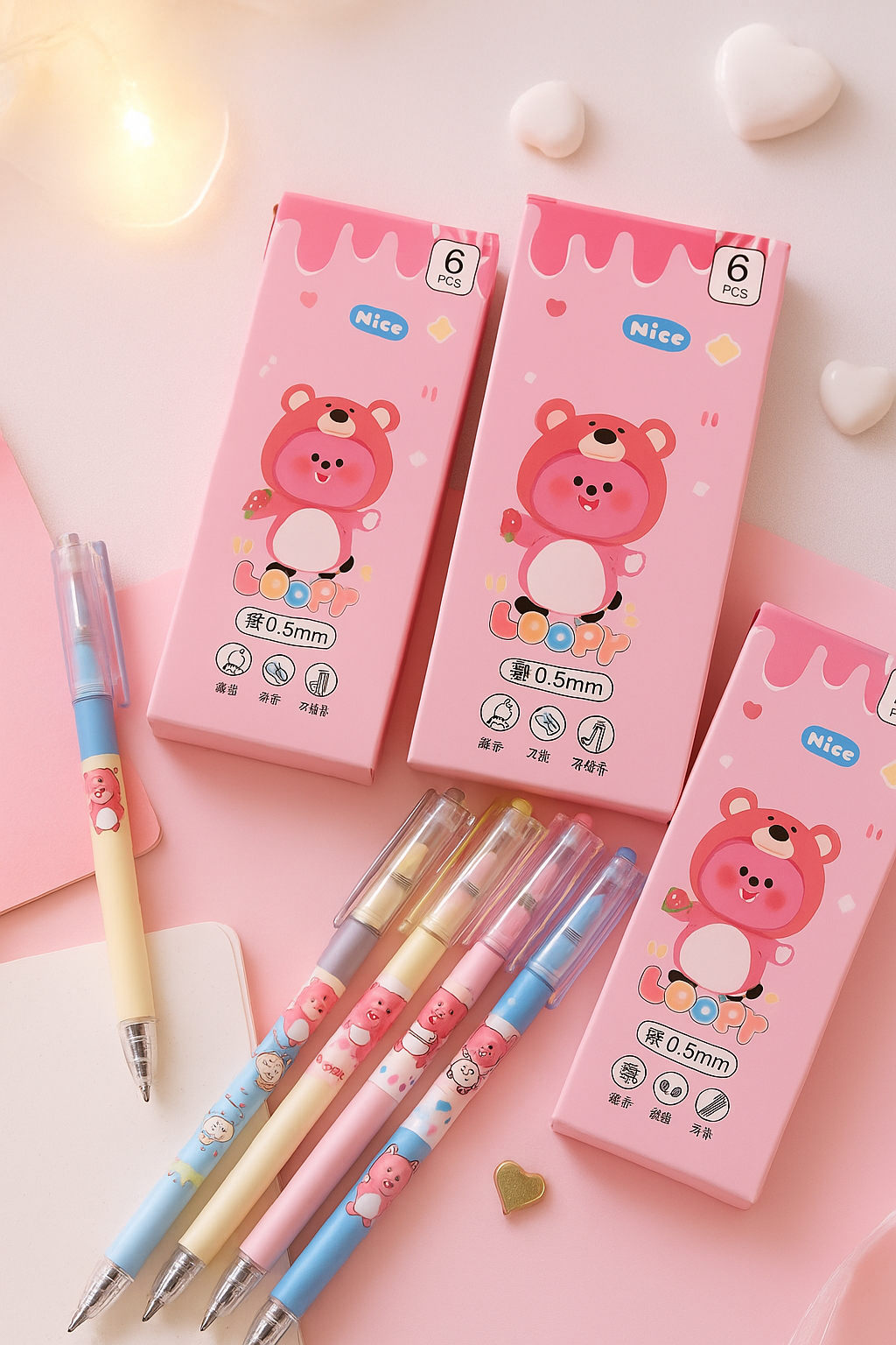 Kawaii Cartoon Push Gel 0.5mm Pen- Loopy 6 Count