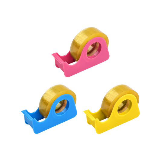 Elite Stationery House Ark mini tape dispensers in pink, blue, and yellow with clear adhesive tape on white background