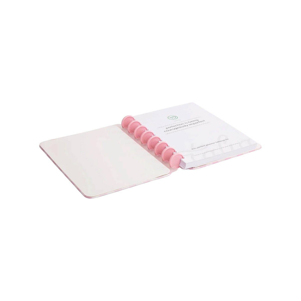 Elite Stationery House Talia A5 hardcover notebook with pink disc binding and lined pages on a white background.