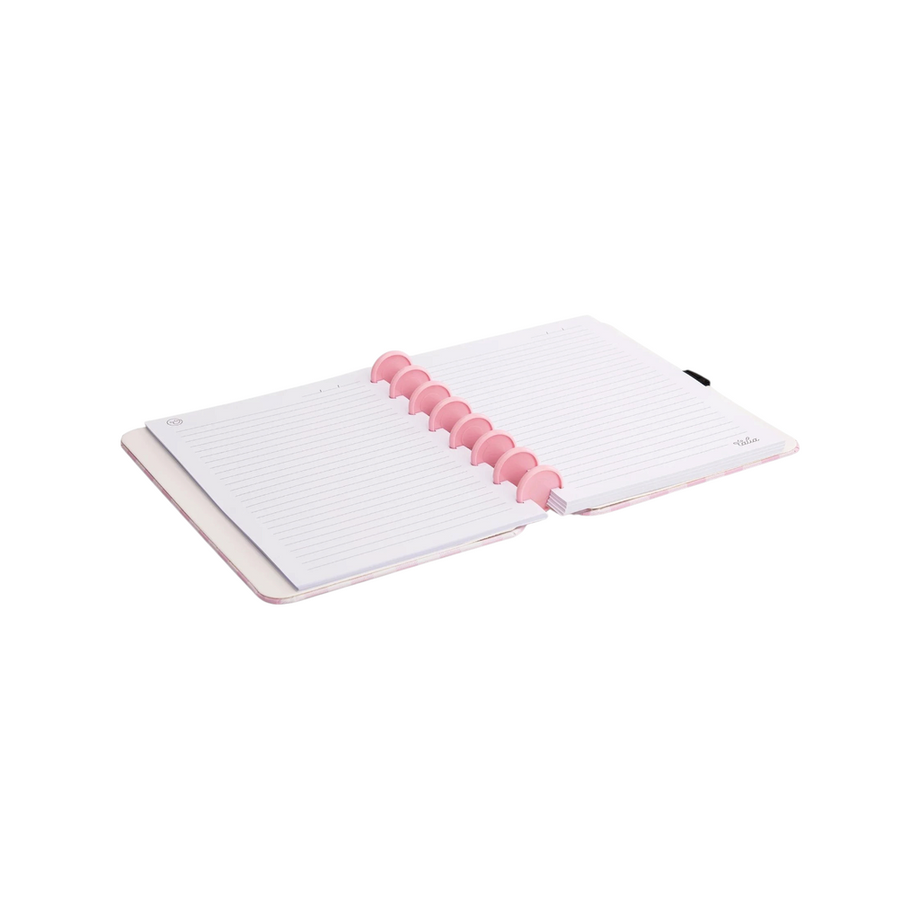 Elite Stationery House Talia A5 hardcover notebook open with pink disc binding and lined college ruled paper