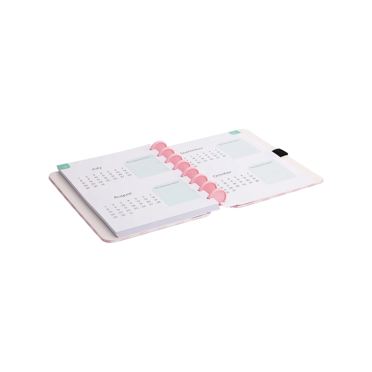 Elite Stationery House Talia A5 hardcover planner open to monthly calendar pages with pink disc binding