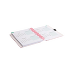 Elite Stationery House Talia A5 hardcover notebook opened to show monthly calendar planner pages with pink discs