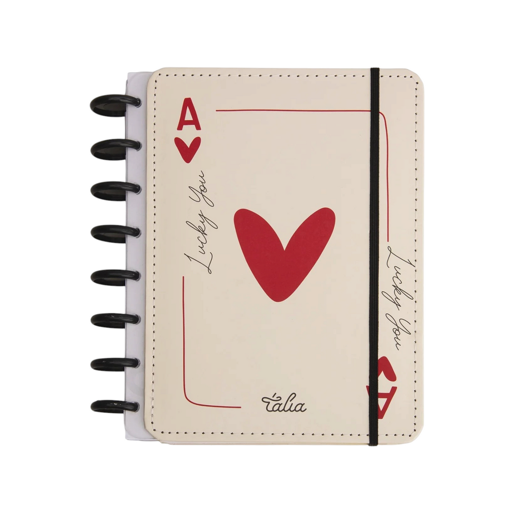 Elite Stationery House Talia A5 hardcover notebook featuring a cream playing card design with a red heart and text.