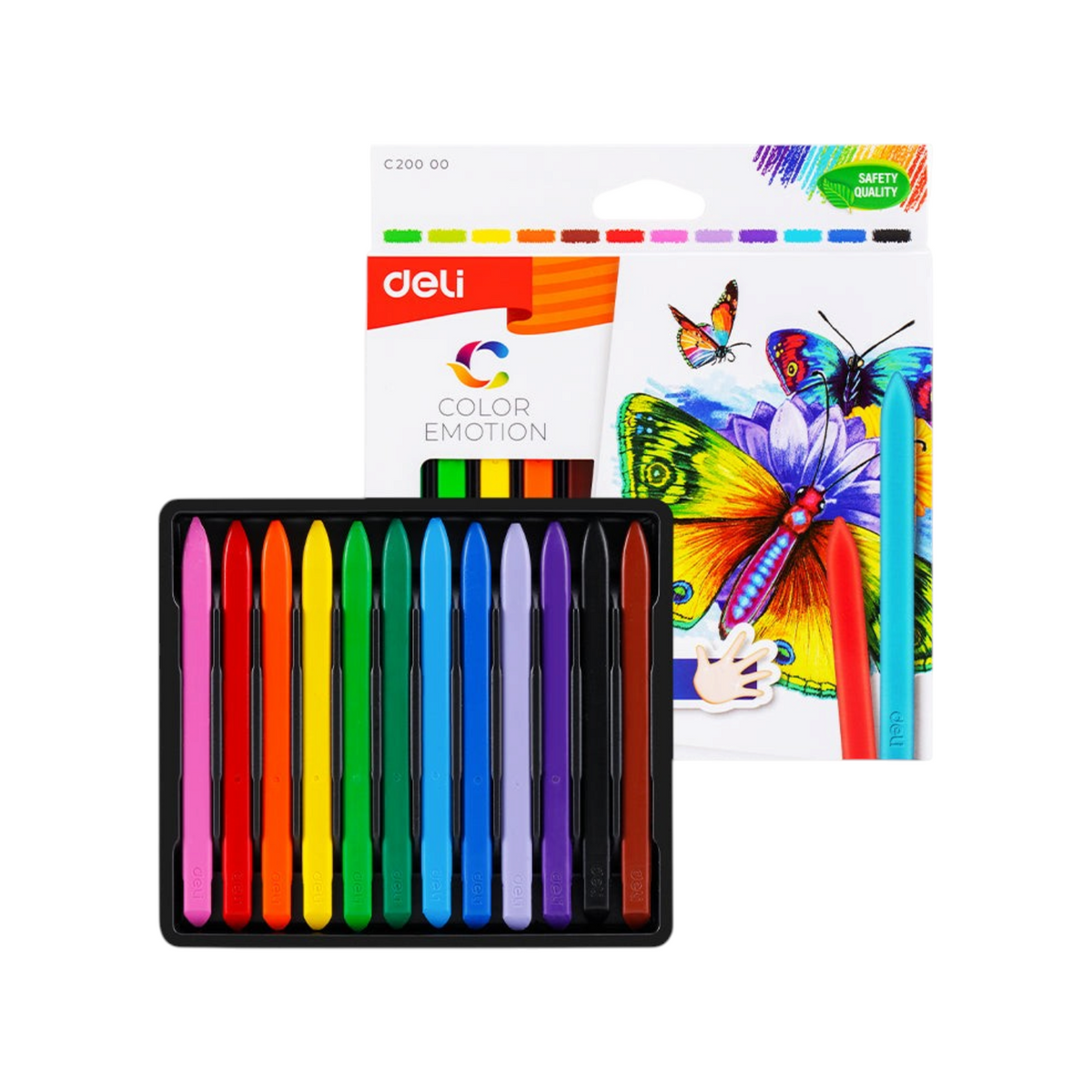 Elite Stationery House Deli-EC20000 triangular plastic crayons in a 12-color set with ergonomic grip and tray
