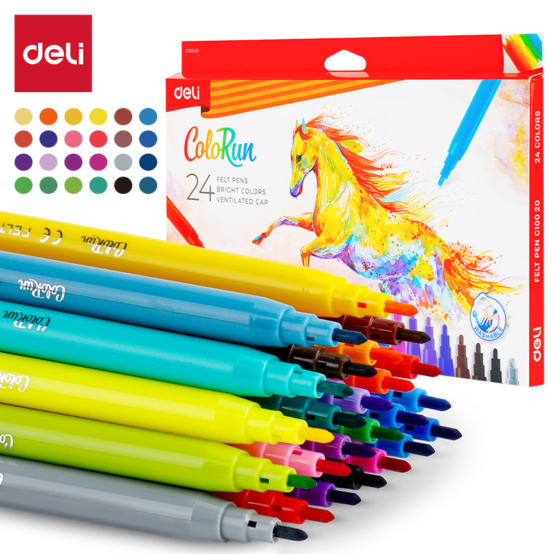 Deli C100 20 Felt Pen Washable Colors Pack Of 24 Colors 1.0 mm