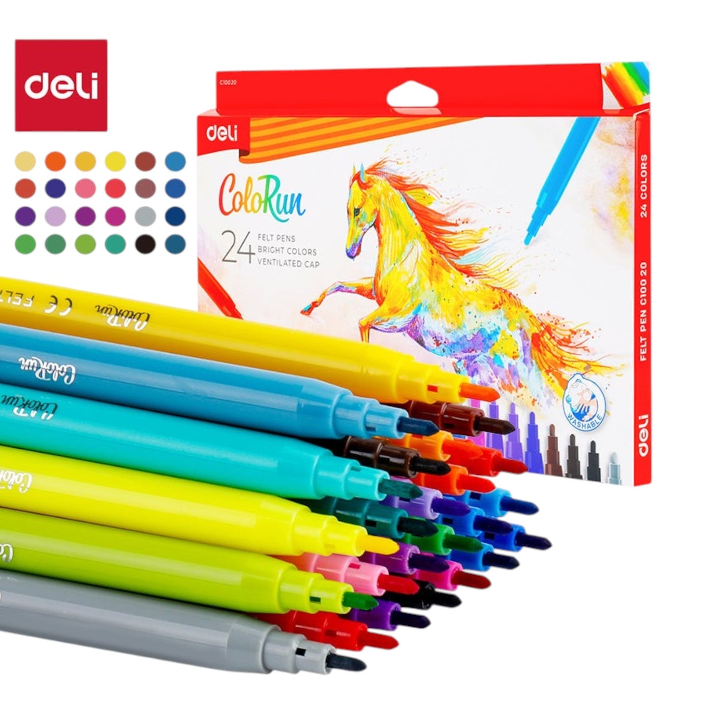 Deli C100 20 Felt Pen Washable Colors Pack Of 12/18/24 Colors 1.0 mm