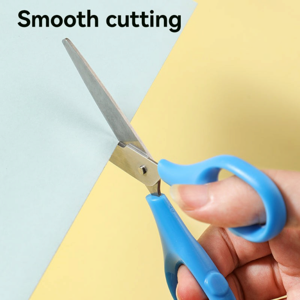 Elite Stationery House Deli 6011 scissors with blue ergonomic handle and stainless steel blade cutting paper