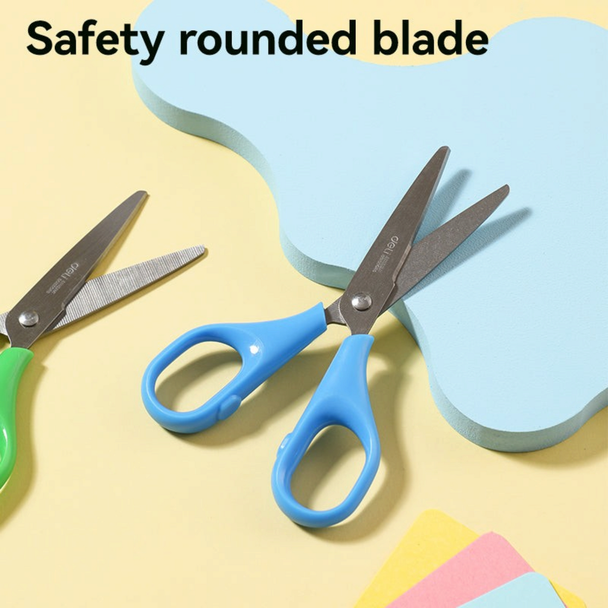 Elite Stationery House Deli 6011 scissors with blue and green ergonomic handles and safety rounded stainless blades
