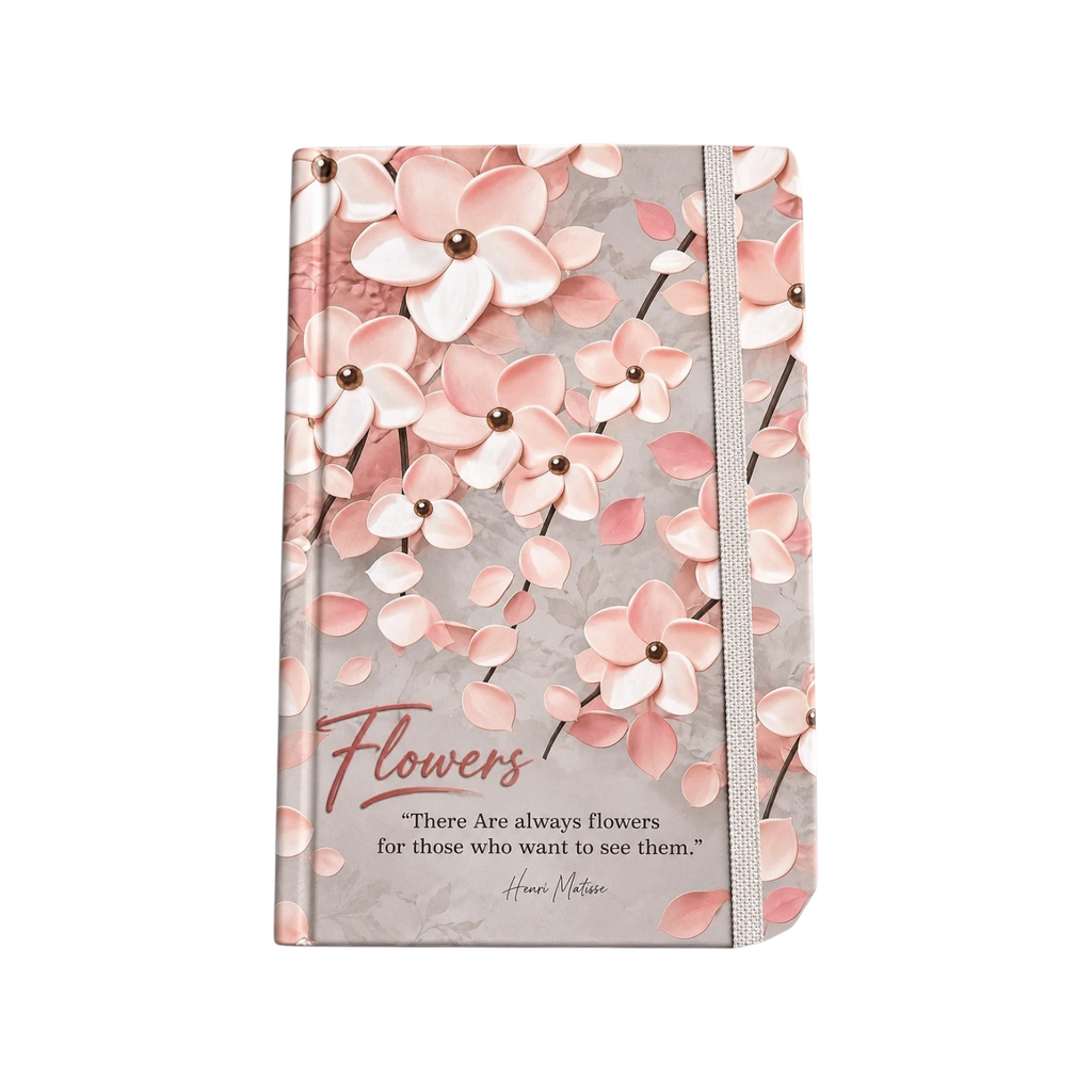 Elite Stationery House SIMBA B6 hard cover notebook with pink floral design and quote on a cream background