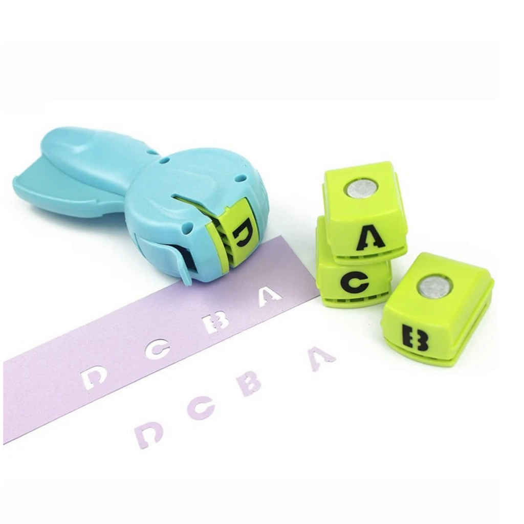 Elite Stationery House 26-piece alphabet craft punch set with light blue handle and lime green letter stamps
