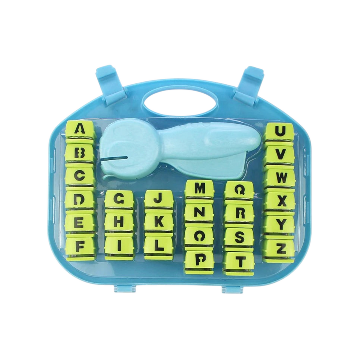 Elite Stationery House 26-piece alphabet craft punch set with handle in a blue storage case for paper crafting
