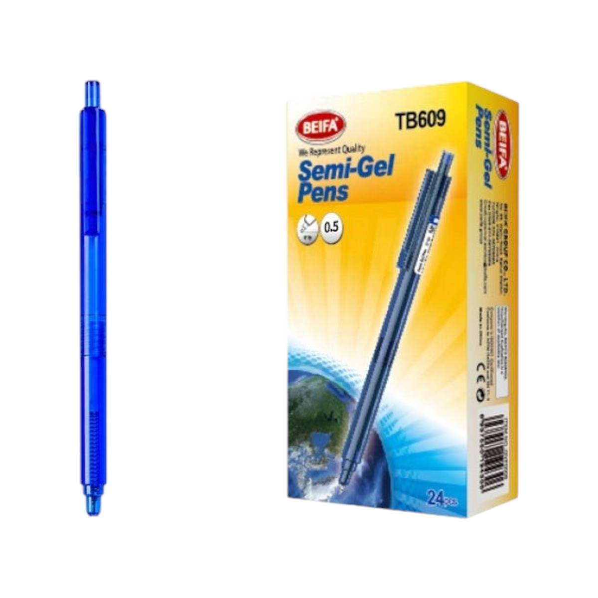 Elite Stationery House Beifa 0.5mm blue semi-gel retractable pen shown with its 24-piece retail display box.