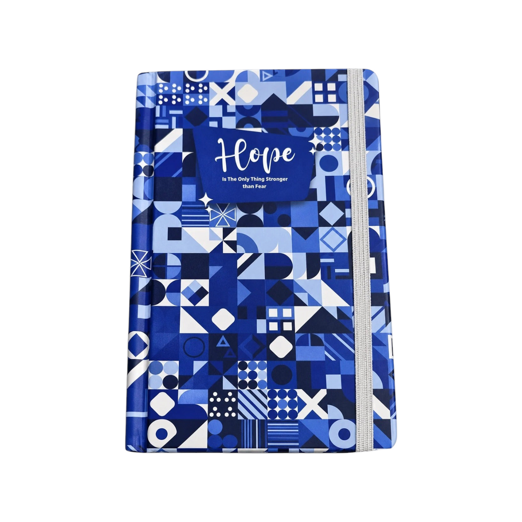 Elite Stationery House SIMBA B6 hard cover notebook with blue geometric pattern and Hope text on a cream background