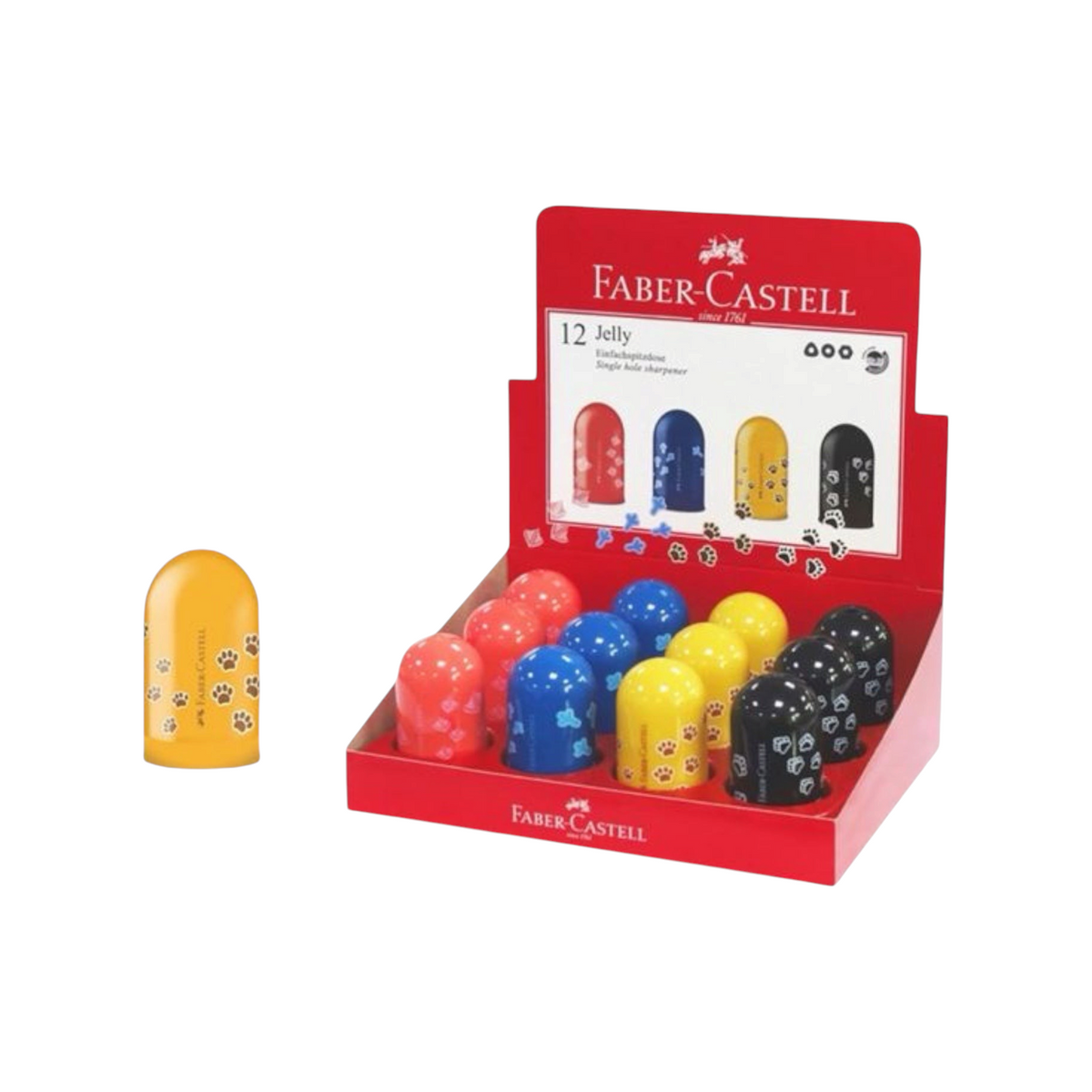 Elite Stationery House Faber Castell Jelly portable plastic pencil sharpeners in four colors with paw print designs.
