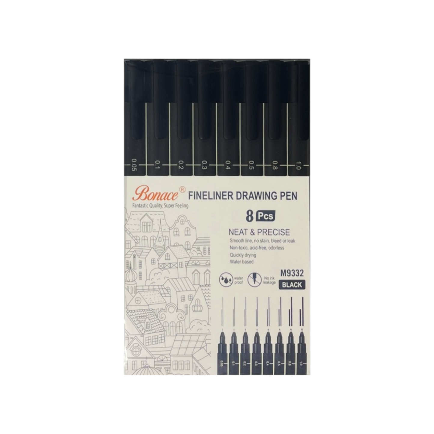Bonace Black Fineliner Pens - 8 Set