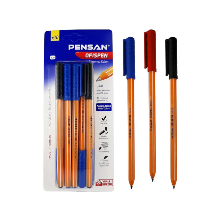 Pensan 1010 Office Pen Set, Vacuum Pack, 10 Pieces, 3 Colors