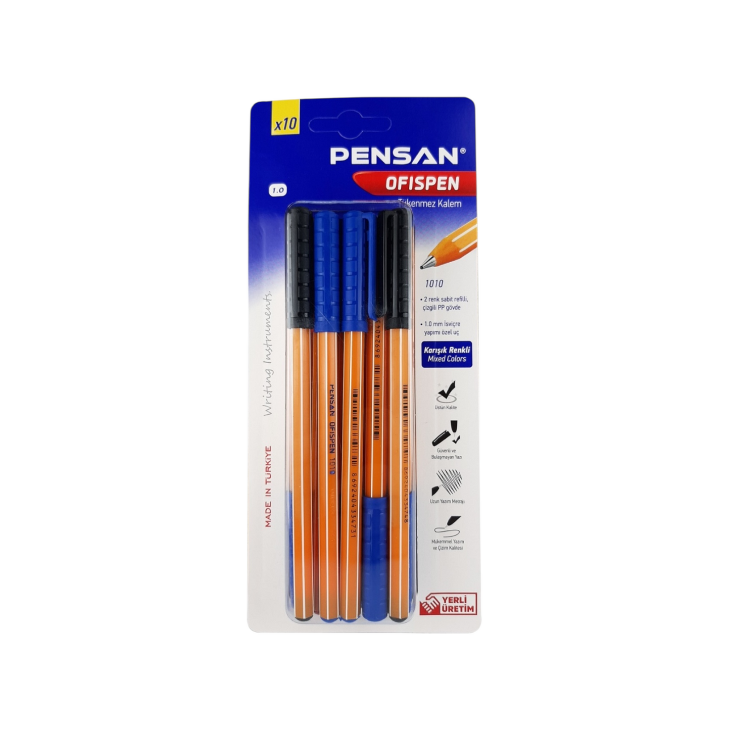 Pensan 1010 Office Pen Set, Vacuum Pack, 10 Pieces, 3 Colors