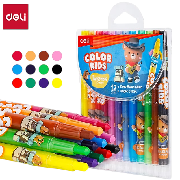 Deli Twistable Crayon Round Barrel, Full Length, 12 Colors, Smooth & Non-Toxic