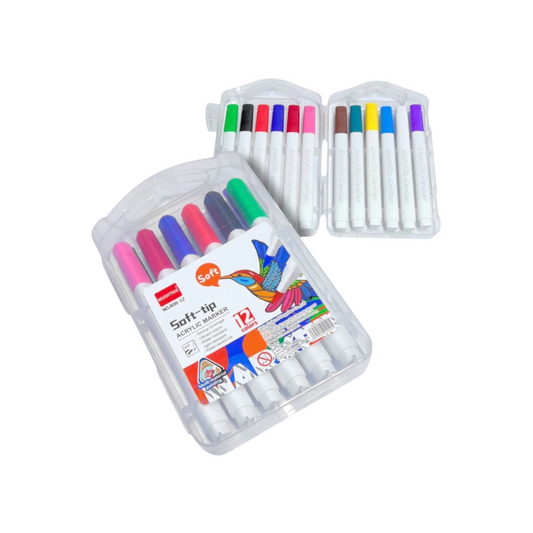 Acrylic Marker - Soft Tip, Set of 12 Colors, Water-Resistant Paint Pens