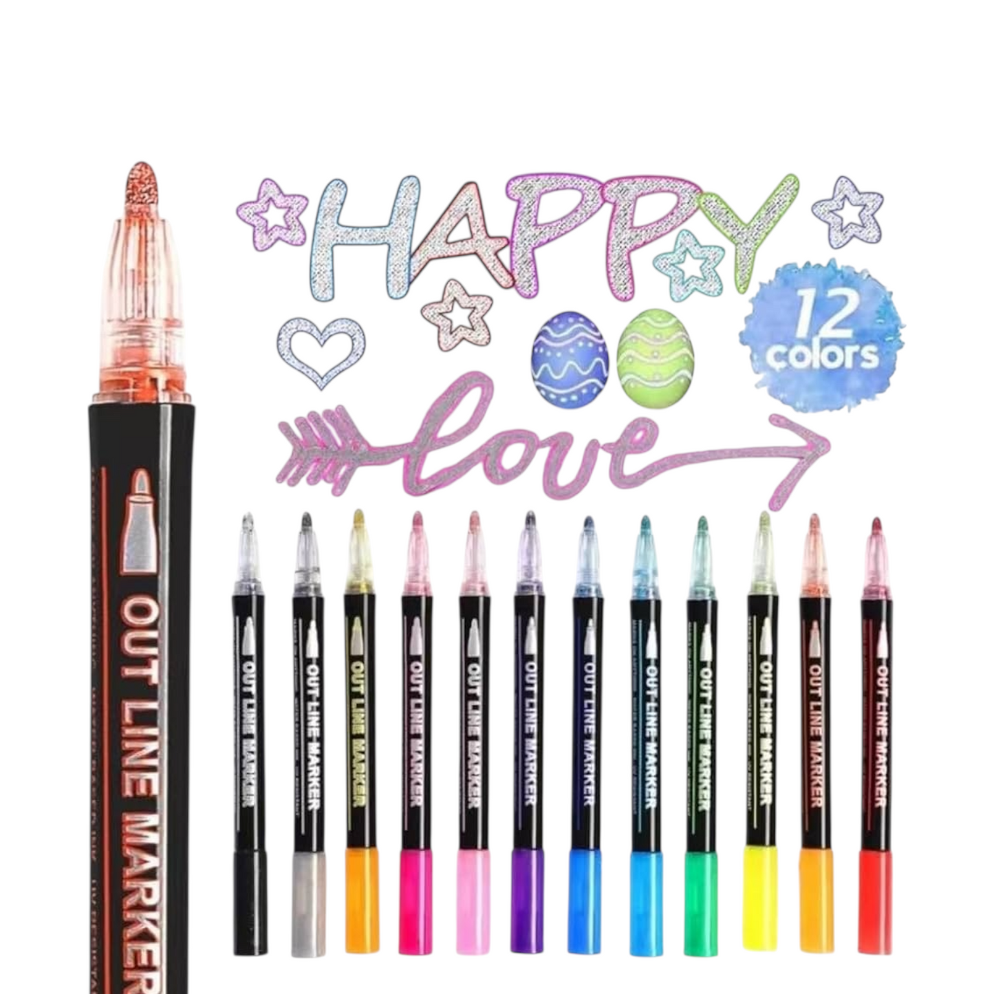 Double Line Outline Pen, Self-Outline Metallic Markers, 12 & 24 Colors
