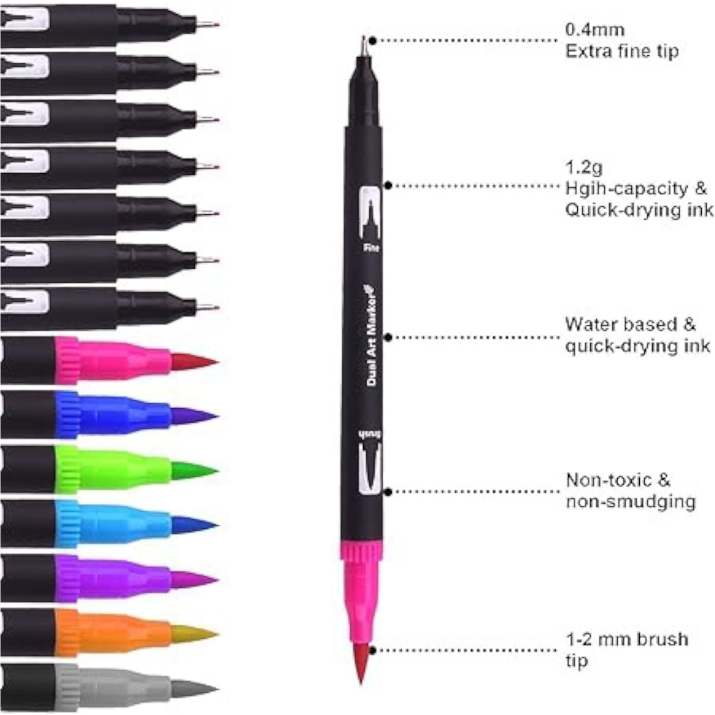 100 Brush Pens Dual Brush Fine Tip Drawing Pens