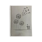 Elite Stationery House A5 hardcover notebook in grey with embossed dandelion, birds, and children design.