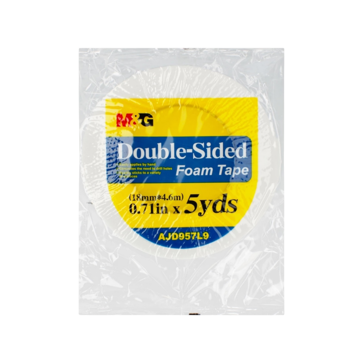 Elite Stationery House MG double-sided foam tape in off-white, 18mm width and 5 yards length in plastic packaging.