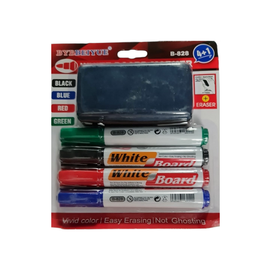 Whiteboard 4 Markers & Eraser Set, 5 Pieces