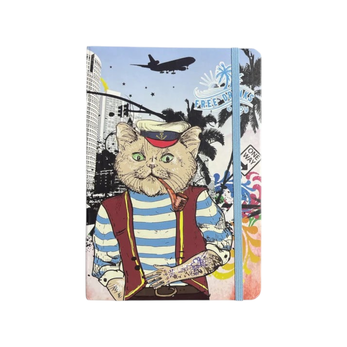 Elite Stationery House A5 hard cover notebook featuring a whimsical sailor cat illustration with an elastic band