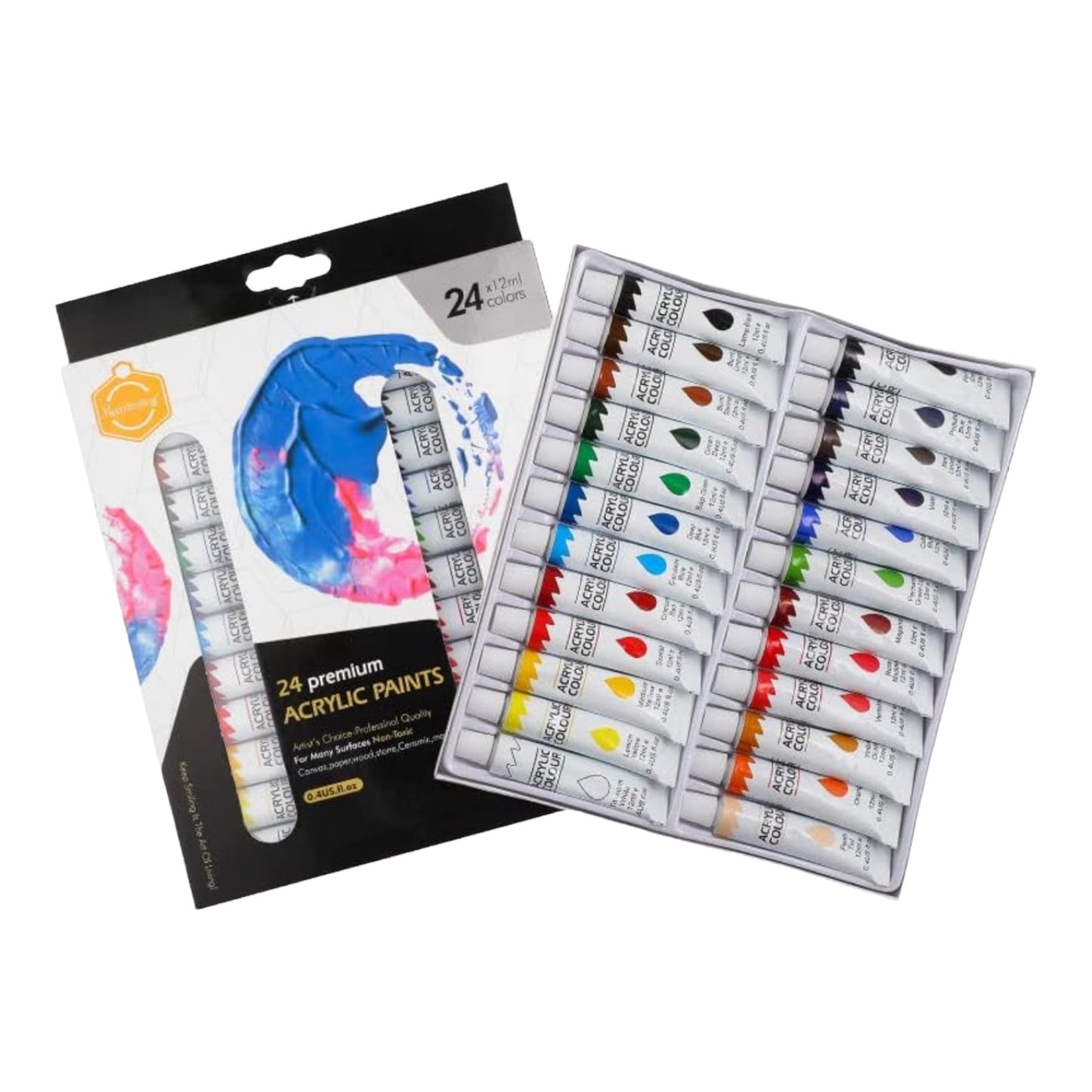 Premium Acrylic Paint Set, 24x12ml Tubes with three Brushes and a Palette