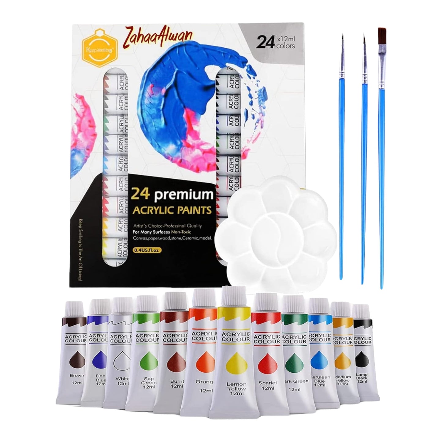 Premium Acrylic Paint Set, 24x12ml Tubes with three Brushes and a Palette