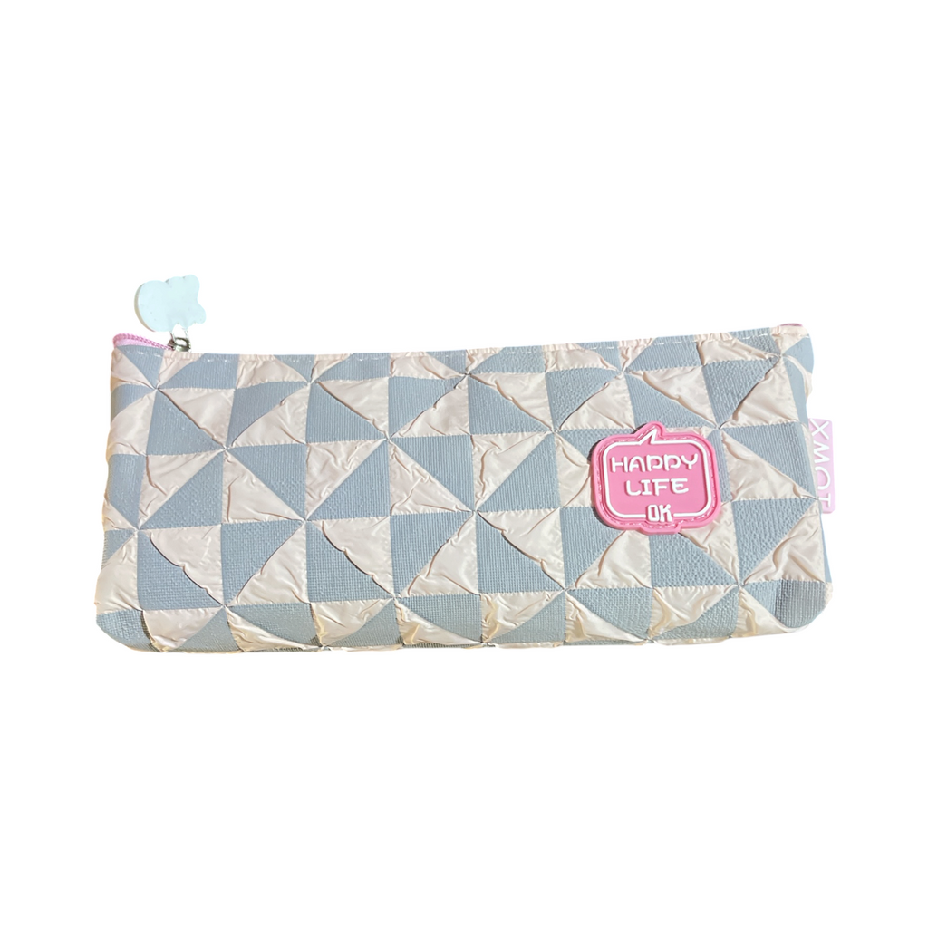 Happy Life Quilted Geometric Pencil Case – Large Capacity