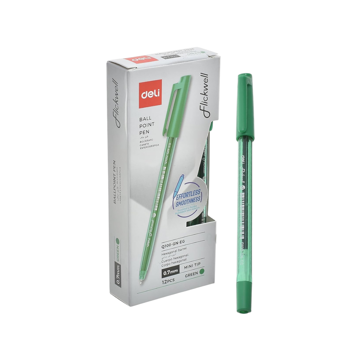 Elite Stationery House Deli green ballpoint pen with 0.7mm tip and hexagonal barrel next to its product box