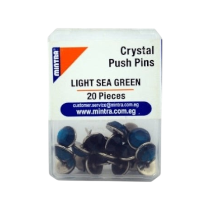 Elite Stationery House crystal push pins in light sea green, pack of 20 pieces in a clear plastic storage box