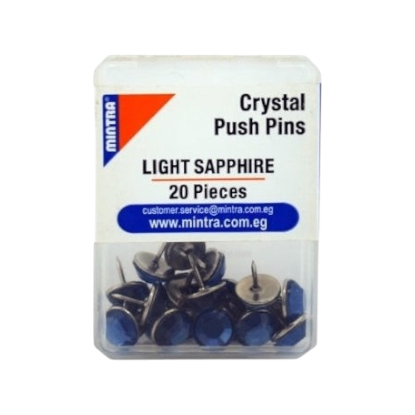 Elite Stationery House crystal push pins in light sapphire blue, set of 20 pieces in a clear plastic storage box.