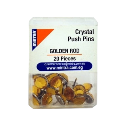 Elite Stationery House crystal push pins in golden rod color, pack of 20 pieces in a clear plastic storage box.