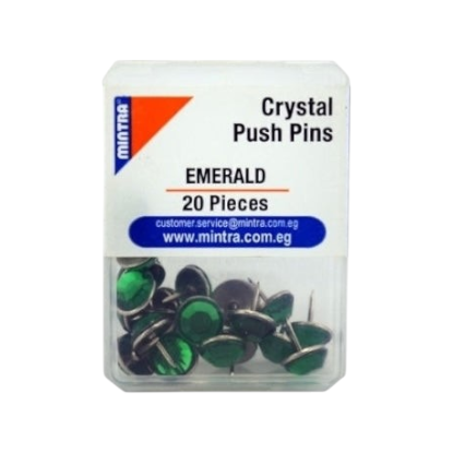 Elite Stationery House emerald green crystal push pins in a clear plastic storage box, pack of 20 pieces