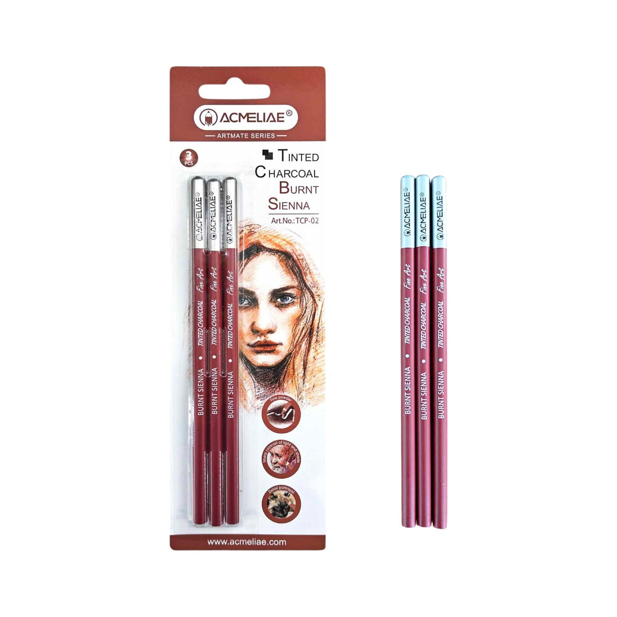 Acmeliae Round Charcoal Pencil – Burnt Brown – Pack of 3 Pieces – Model TCP-02