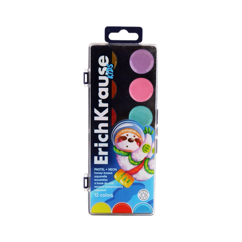 Erich Krause Plastic Watercolor Paint Set – 12 Pastel & Neon Colors + Brush